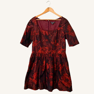 Peruvian Connection Batik Pocket Dress Size 12 Red Floral Boho Elegant $229